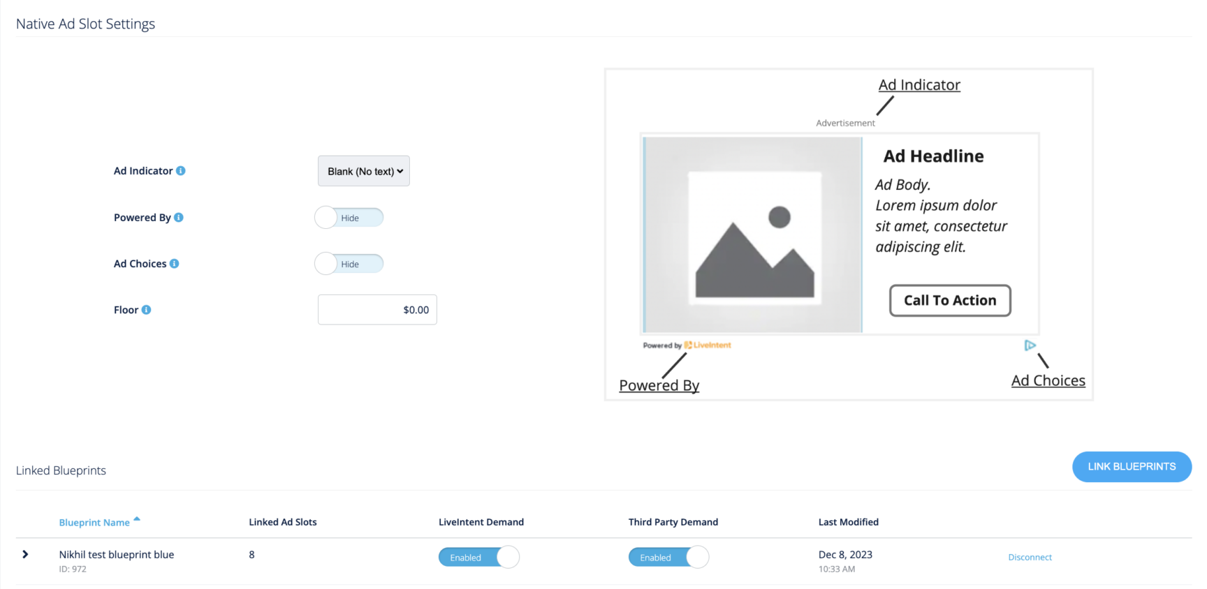 Native ad slot settings